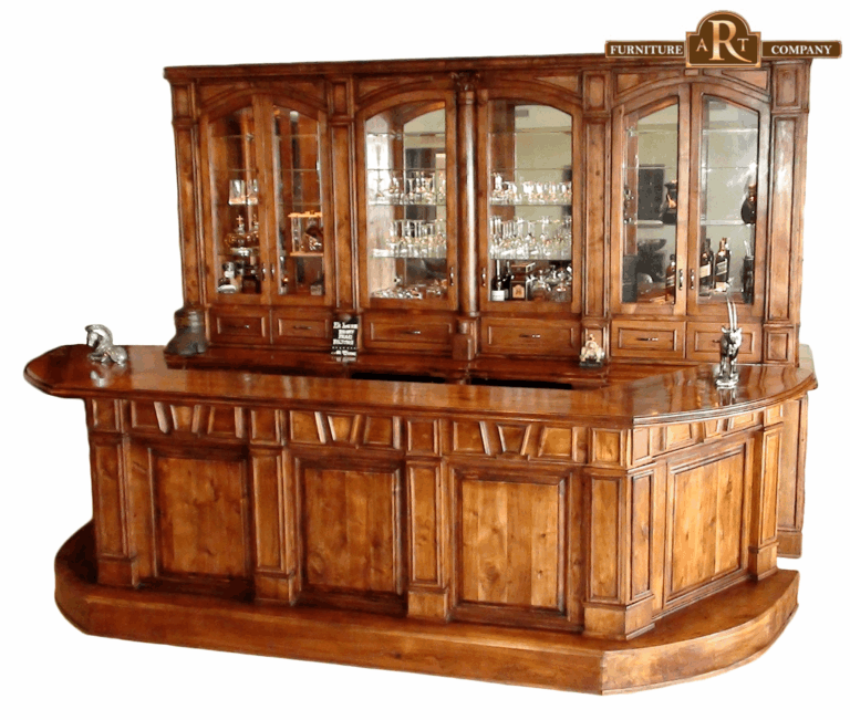 Wooden bar with a curved counter, panelled front and glazed display cabinets behind it