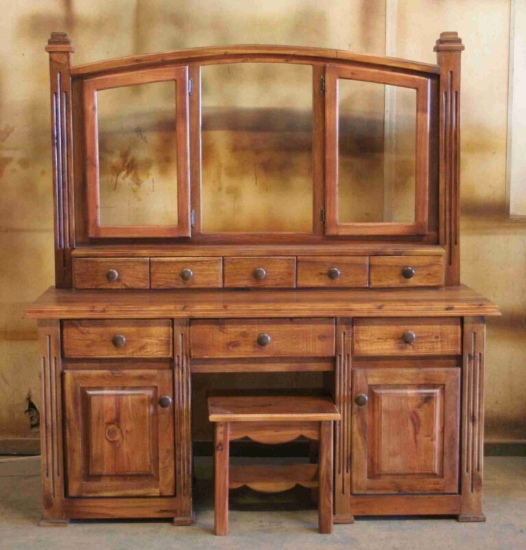 Wooden dressing table with three mirrors, drawers, cupboards and a matching stool