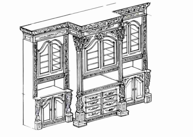 Design drawing of fitted cabinets with glazed upper doors, drawers and lower storage