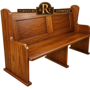 Affordable Kiaat church bench with warm grain, a panelled back and central seat support