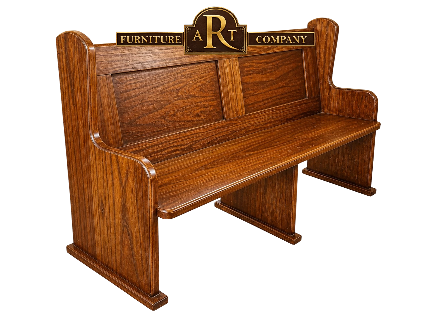 Affordable Kiaat church bench with warm grain, a panelled back and central seat support