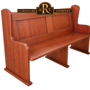 Affordable Meranti church bench with reddish timber, a panelled back and curved arm ends