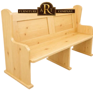 Affordable Pine church bench with light knotty timber, a panelled back and central support