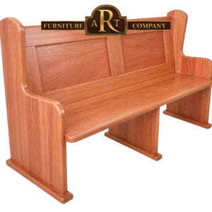Affordable Saligna church bench with warm reddish timber, a panelled back and central support