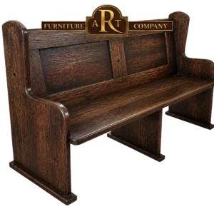 Affordable Sleeper church bench with dark rustic timber, a panelled back and central support