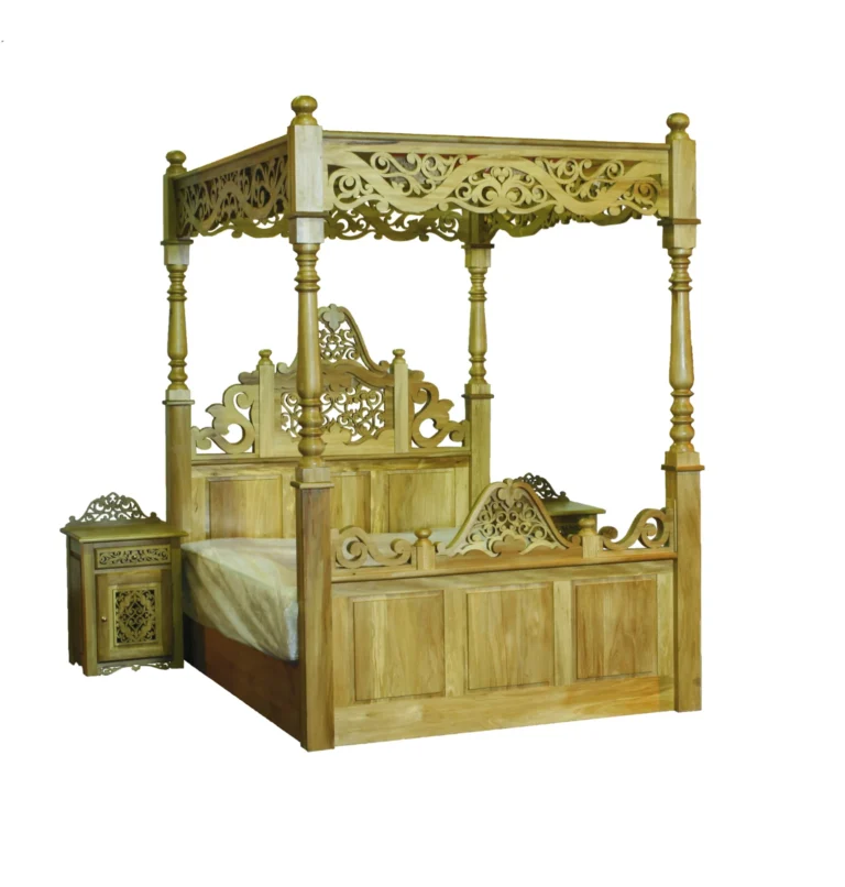 Four-poster bed with carved canopy panels, a decorative headboard and matching bedside cabinet