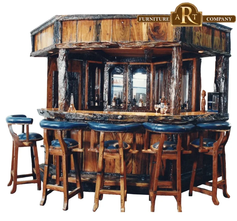 Wooden bar with thick irregular posts, glazed cabinets and a row of stools
