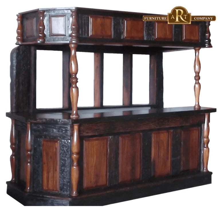 Panelled wooden bar with turned posts supporting an overhead canopy