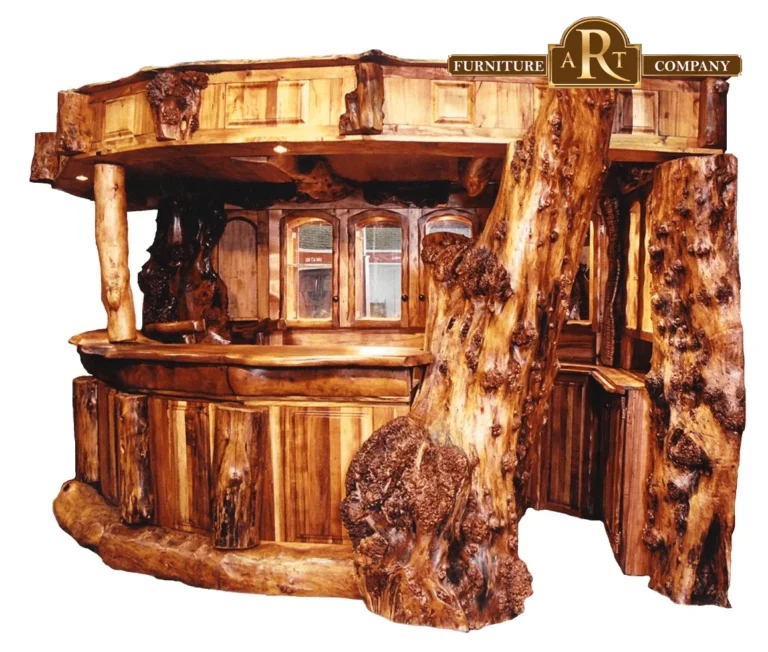 Curved wooden bar framed by large natural-shaped timber posts