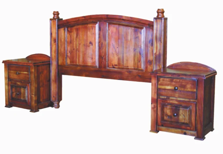 Arched wooden headboard with matching bedside drawer and cupboard units