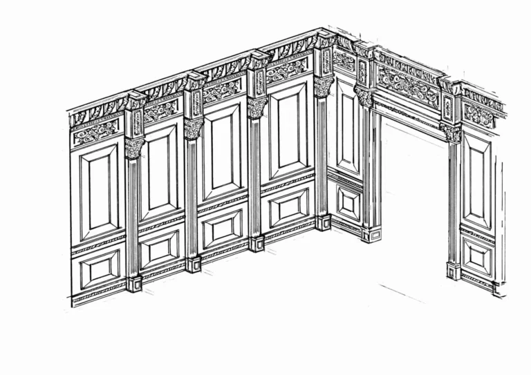 Design drawing of decorative wall panelling and a framed opening around a room corner