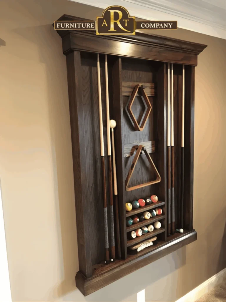 Wall-mounted wooden cue rack holding pool cues, balls and racking triangles