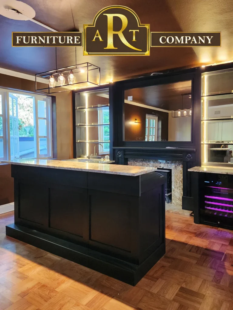 Dark fitted home bar with illuminated glass shelves, counter and drinks fridge