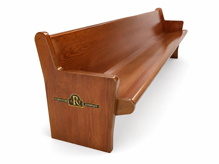 Warm brown Blackwood church pew with a sweeping back, shaped seat and wooden end panels