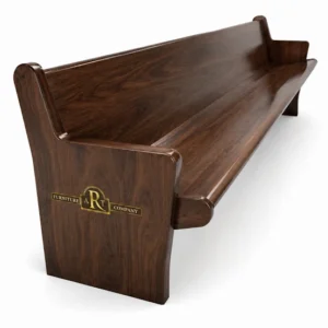 Dark mahogany church pew with a shaped seat, broad back and full wooden end panels