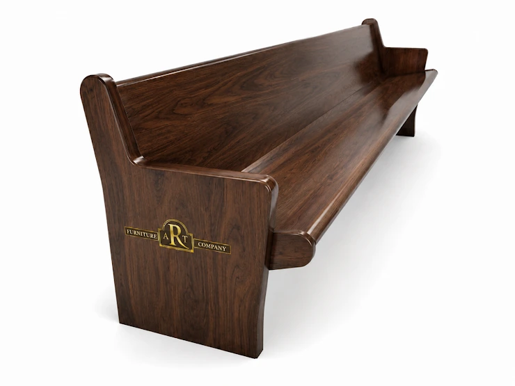 Dark mahogany church pew with a shaped seat, broad back and full wooden end panels