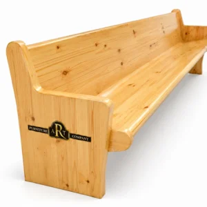Light SA Pine church pew with visible knots, a shaped seat and full wooden end panels