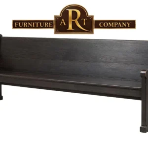 Standard Blackwood church bench with a dark finish, broad back and shaped arm ends