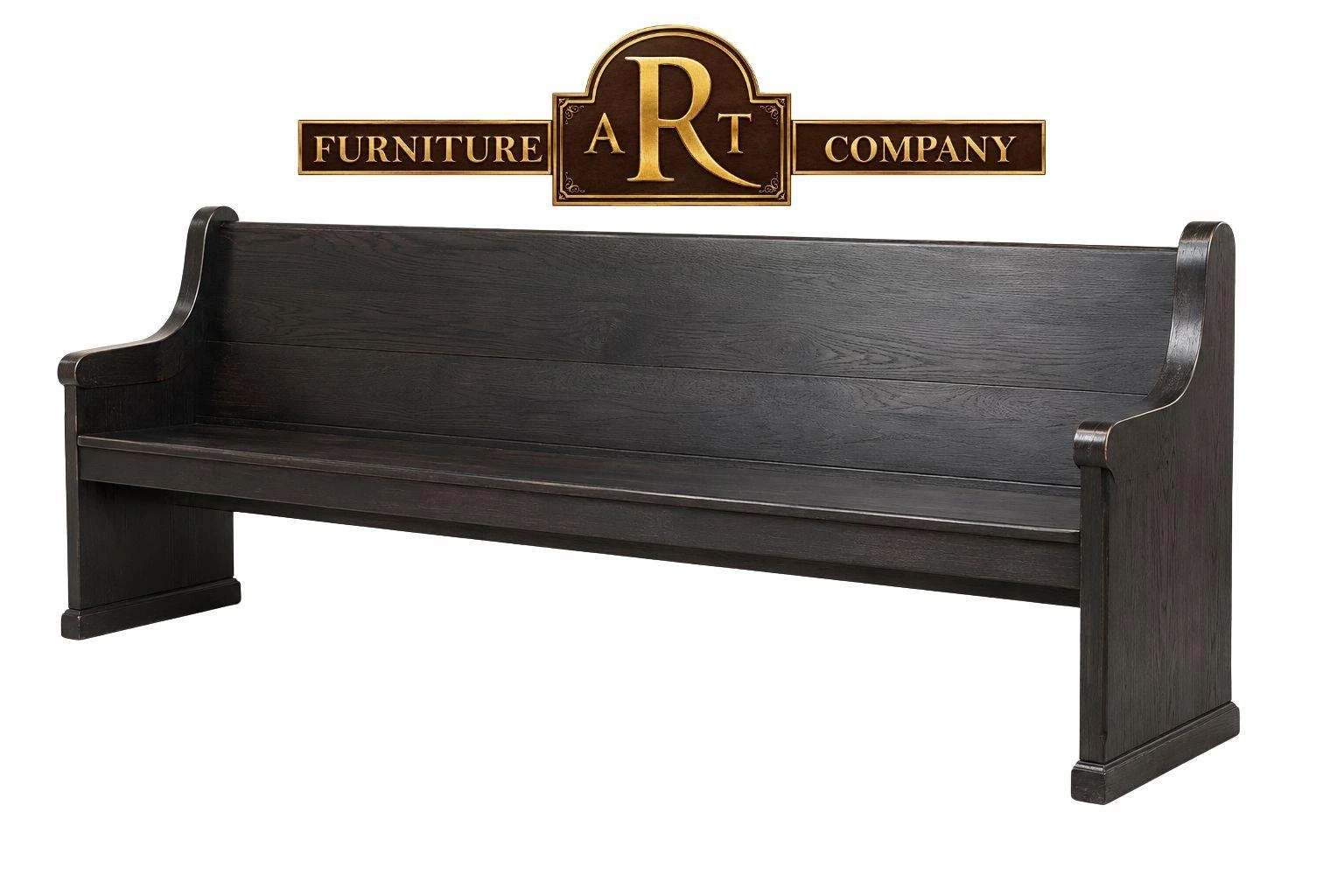 Standard Blackwood church bench with a dark finish, broad back and shaped arm ends