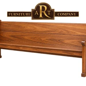 Standard Kiaat church bench with warm brown grain, a broad back and shaped wooden ends