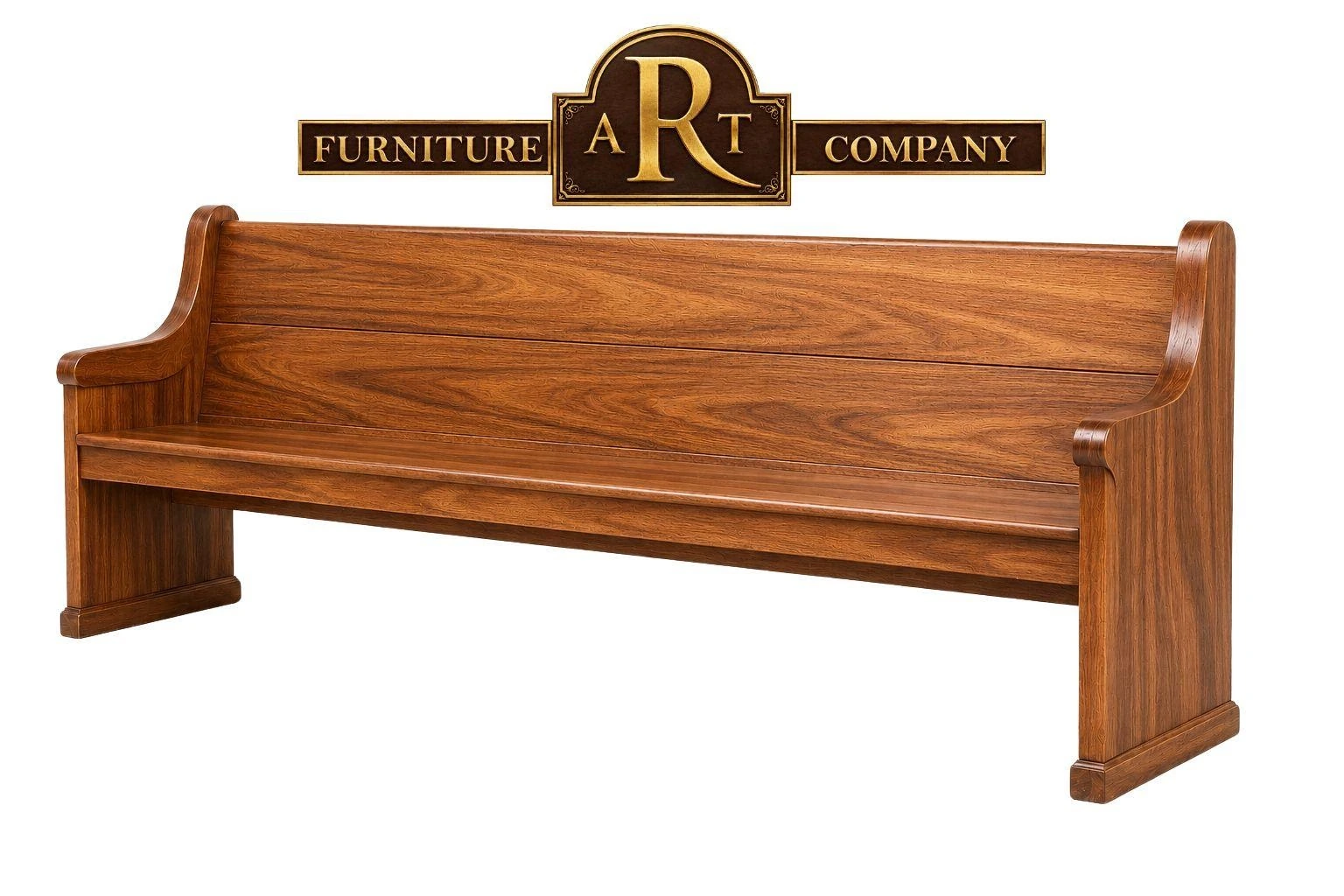 Standard Kiaat church bench with warm brown grain, a broad back and shaped wooden ends