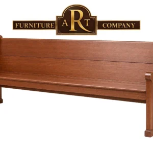 Standard Meranti church bench with reddish-brown timber, a broad back and shaped arm ends