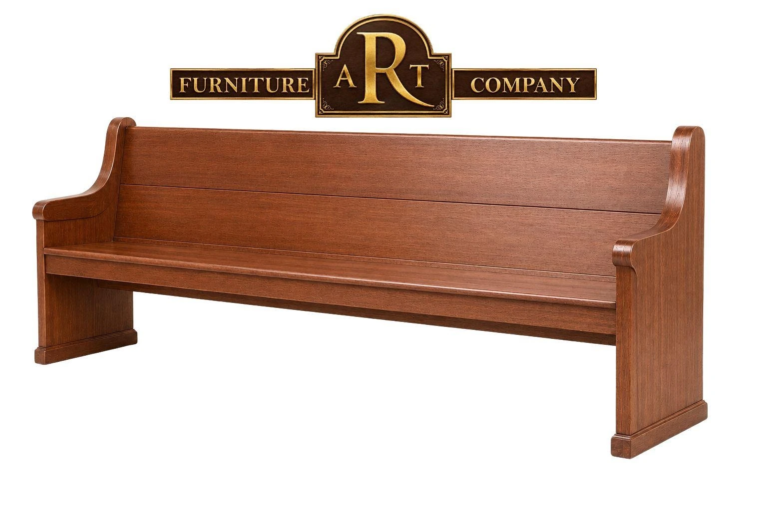 Standard Meranti church bench with reddish-brown timber, a broad back and shaped arm ends