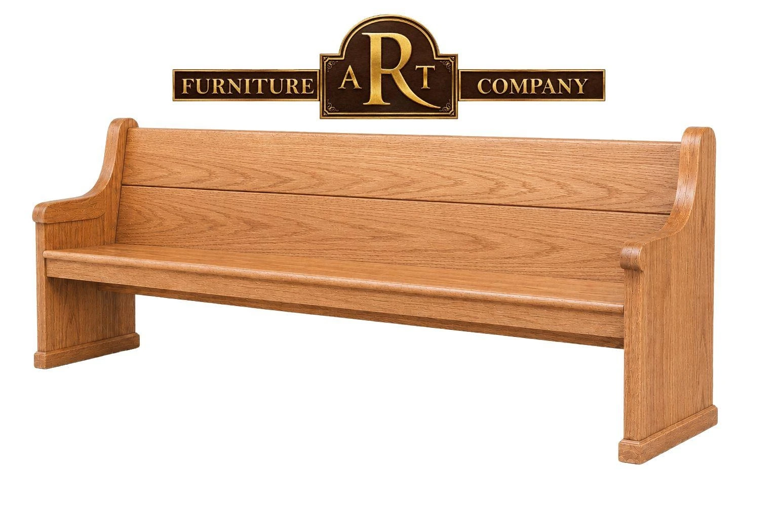 Standard Oak church bench with a light timber appearance, visible grain and shaped arm ends