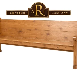 Standard Pine church bench with visible knots, a broad back and shaped end supports