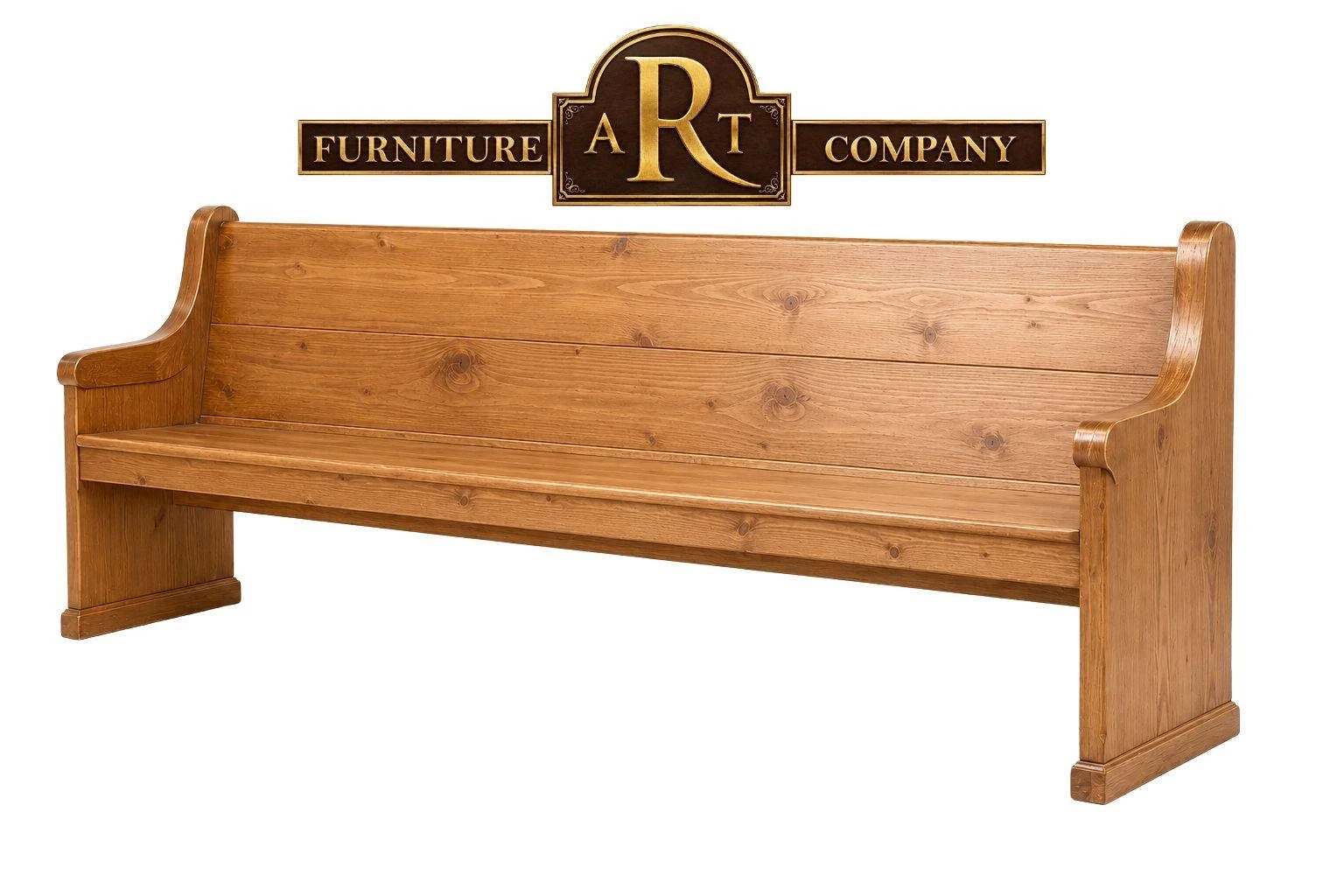 Standard Pine church bench with visible knots, a broad back and shaped end supports