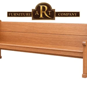 Standard Saligna church bench with warm timber tones, a broad back and shaped wooden ends