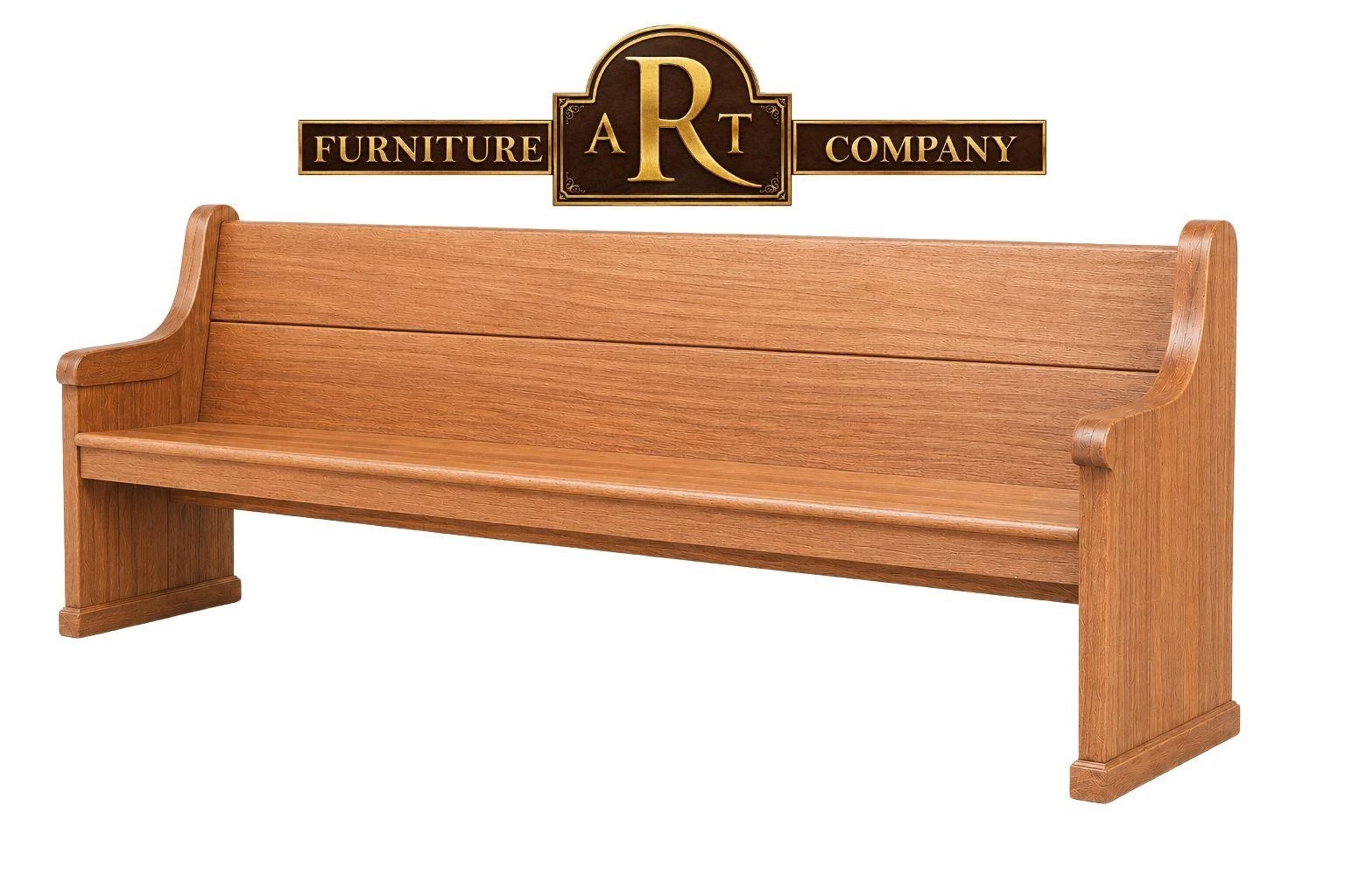 Standard Saligna church bench with warm timber tones, a broad back and shaped wooden ends