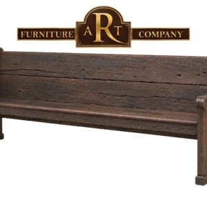 Standard Sleeper church bench with a dark rustic appearance, broad back and shaped ends